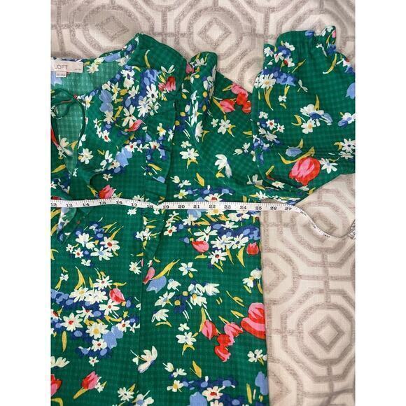 LOFT Top Green Floral Ruffle Bouquet Tie Neck Blouse Gingham‎ size XXLP Petite - Picture 5 of 8